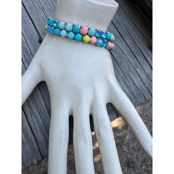Vintage Rhinestone Stretch Bracelet, 80s Pastel Bracelet Set - Picture 7 of 10